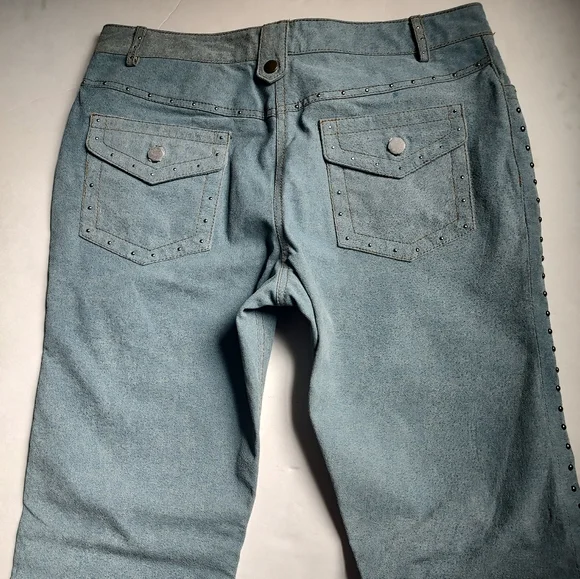 USA Bikers Dream Apparel Leather Blue Studded Pockets Boot Cut Pants Women's 14